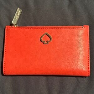 kate spade Bright Red Leather Zip Card Case with Gold Spade Logo